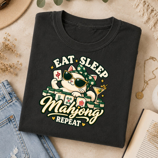 Eat Sleep Mahjong Repeat Cat T-Shirt: Funny Mahjong Gift for Her