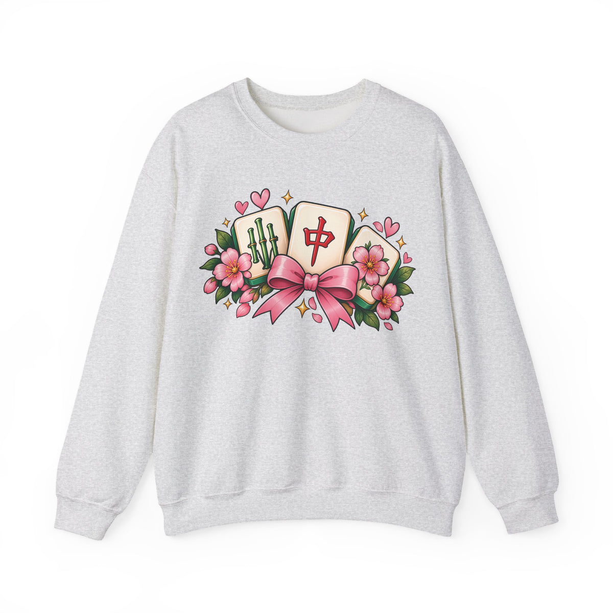 Coquette Mahjong Bow & Cherry Blossom Gildan Sweatshirt — Cute Girly Mahjong Gift