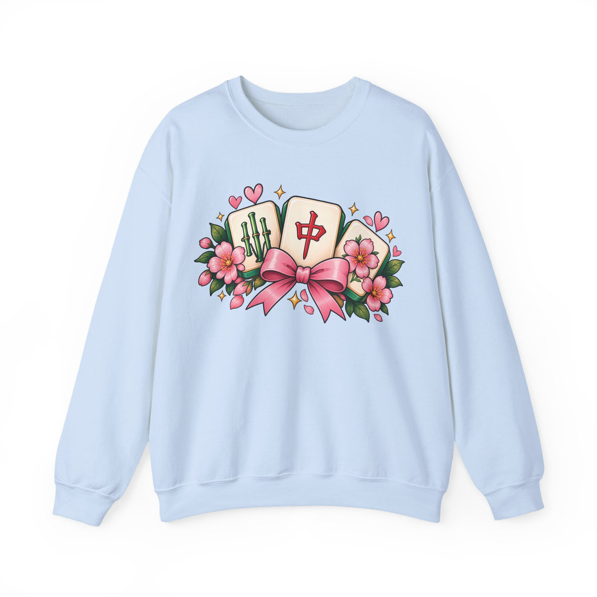 Coquette Mahjong Bow & Cherry Blossom Gildan Sweatshirt — Cute Girly Mahjong Gift