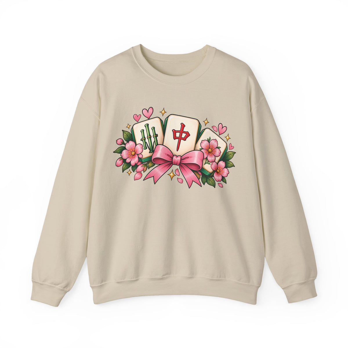Coquette Mahjong Bow & Cherry Blossom Gildan Sweatshirt — Cute Girly Mahjong Gift