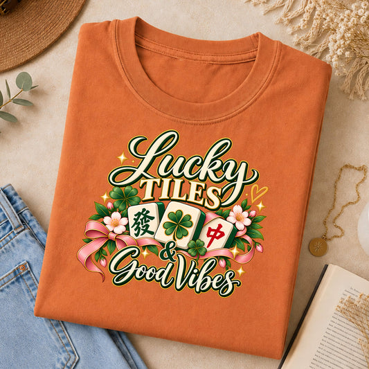 Lucky Tiles and Good Vibes Mahjong Comfort Colors T-Shirt — Mahjong Gift