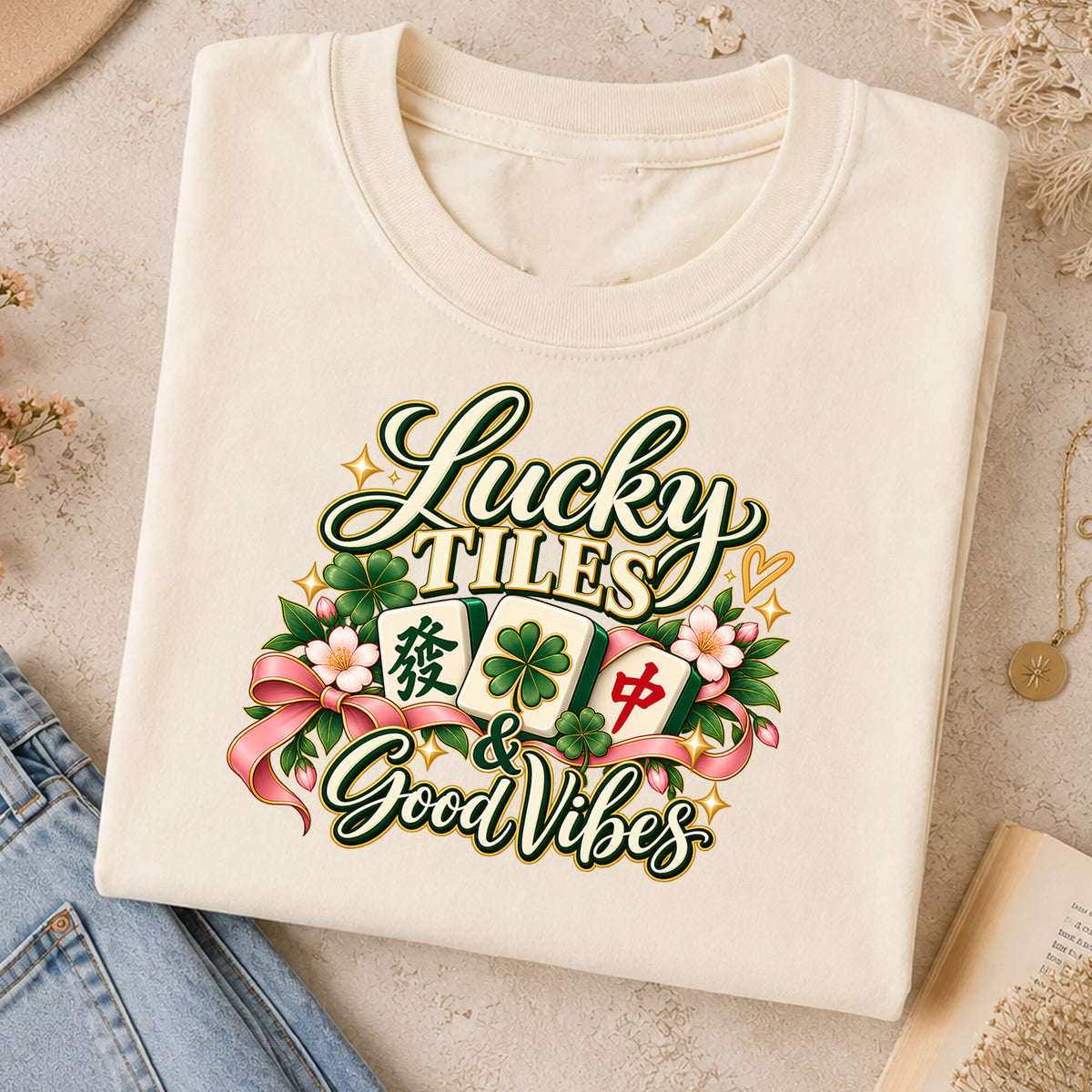 Lucky Tiles and Good Vibes Mahjong Comfort Colors T-Shirt — Mahjong Gift