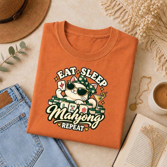 Eat Sleep Mahjong Repeat Cat T-Shirt: Funny Mahjong Gift for Her