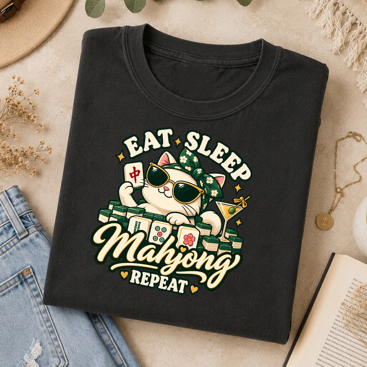 Eat Sleep Mahjong Repeat Cat T-Shirt: Funny Mahjong Gift for Her