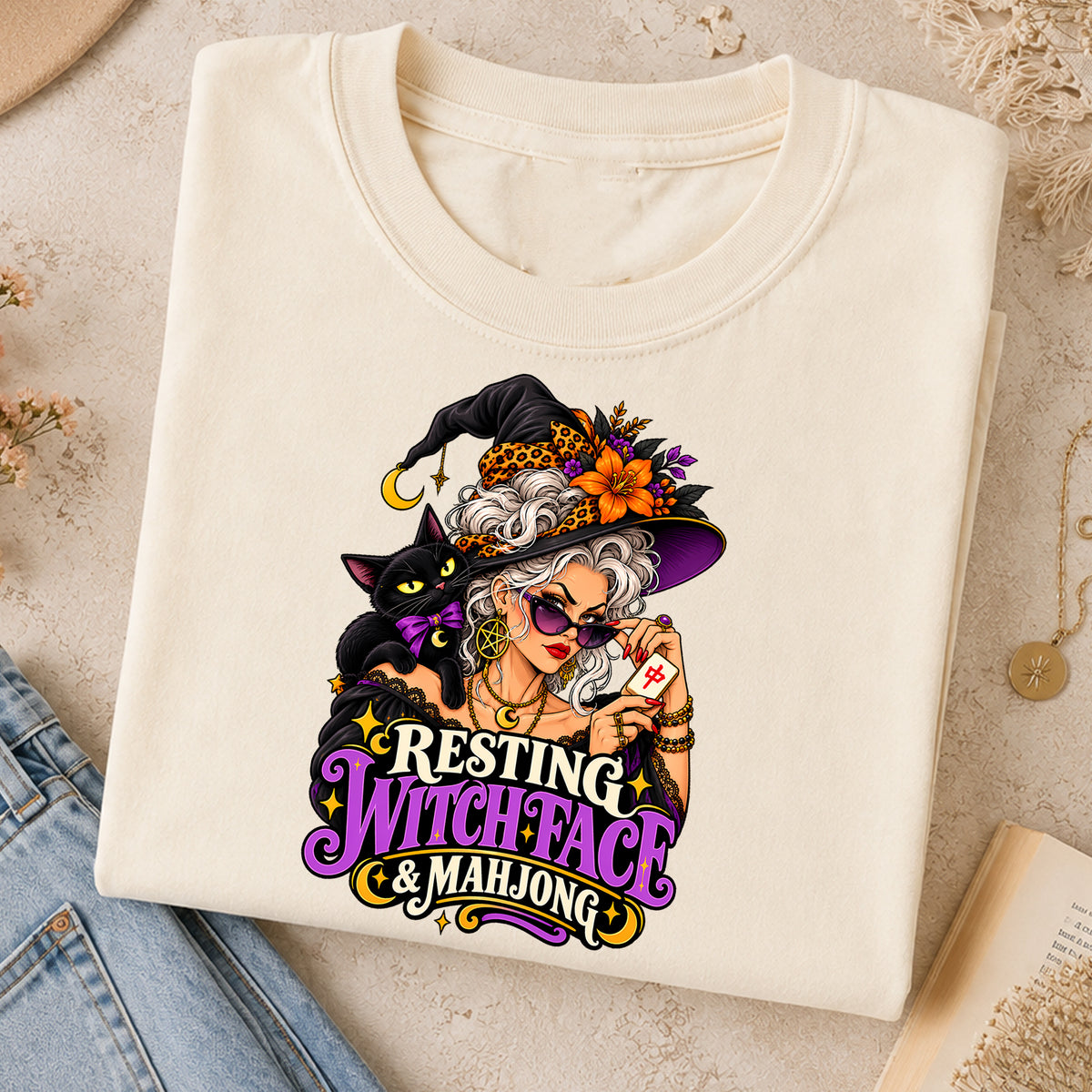 Resting Witch Face & Mahjong Comfort Colors T-Shirt — Funny Halloween Mahjong Gift