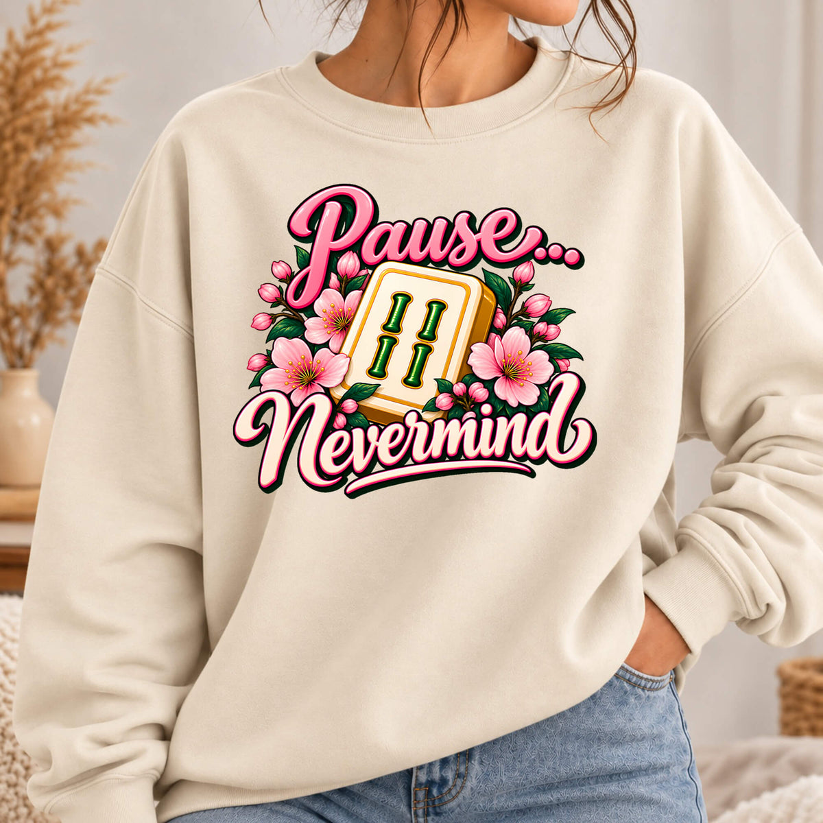 Pause Nevermind & Mahjong Gildan Sweatshirt — Funny Cherry Blossom Mahjong Gift