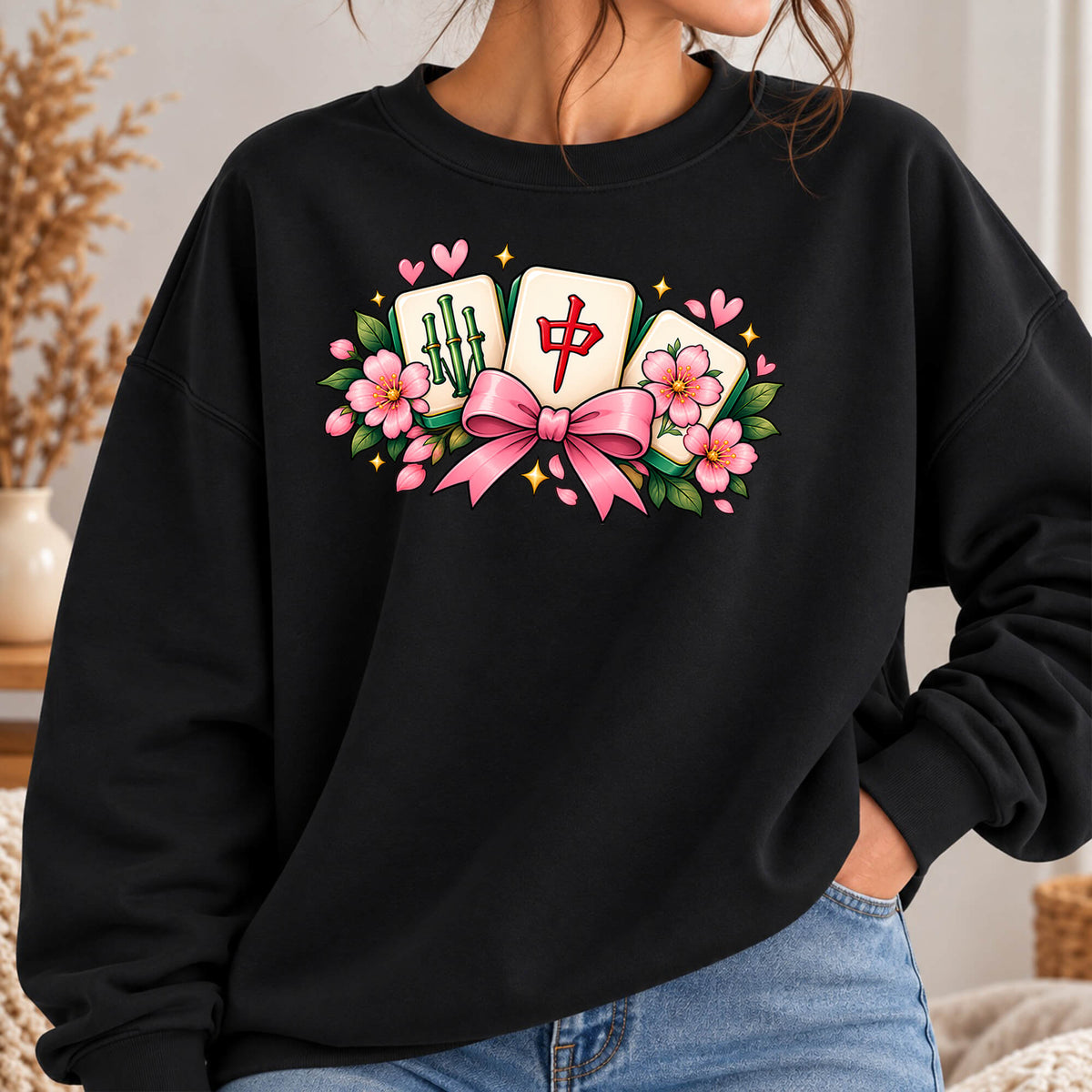 Coquette Mahjong Bow & Cherry Blossom Gildan Sweatshirt — Cute Girly Mahjong Gift