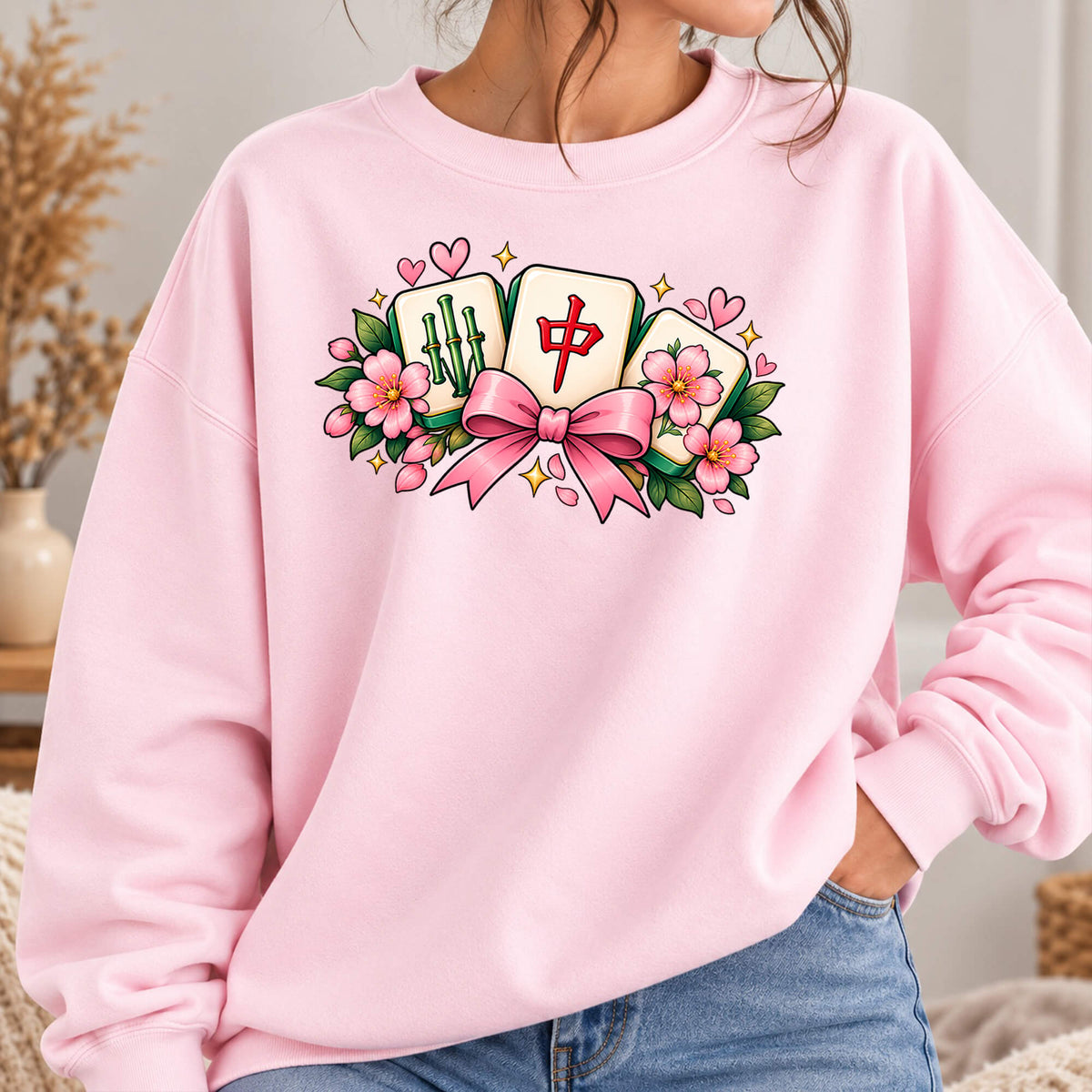 Coquette Mahjong Bow & Cherry Blossom Gildan Sweatshirt — Cute Girly Mahjong Gift