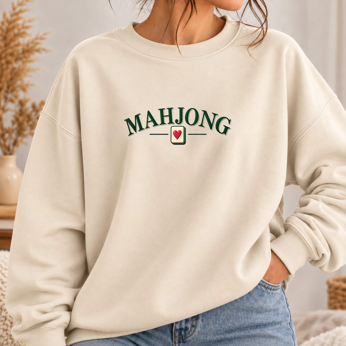 Vintage Mahjong Hoodie | Retro Arched Text Sweatshirt with Heart Tile Design | Mahjong Lover Gift