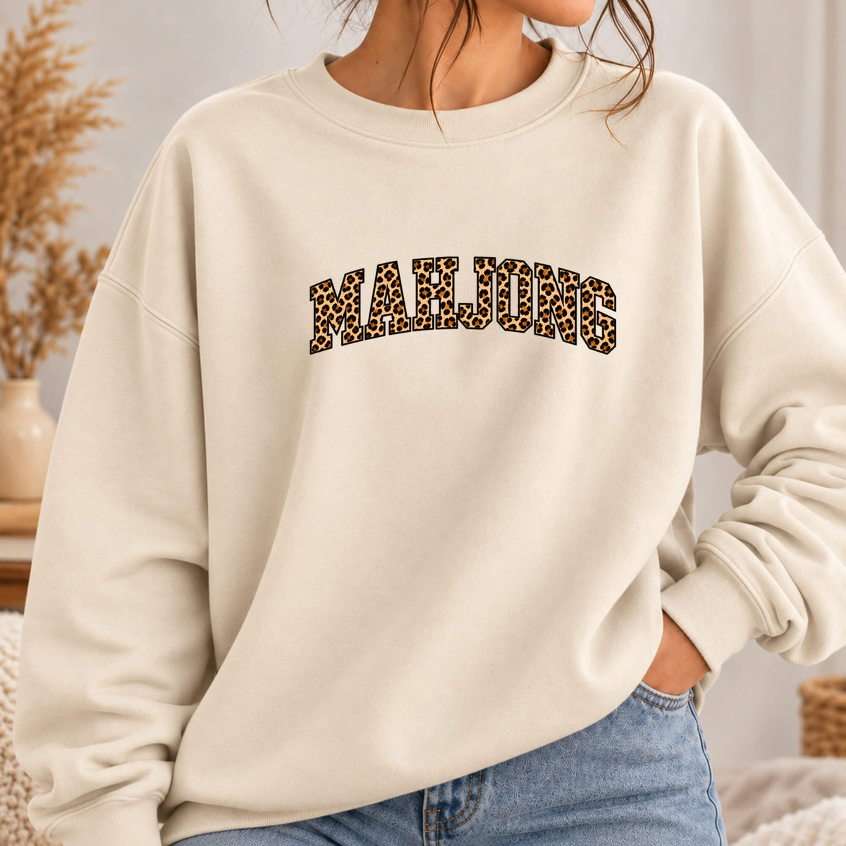 Mahjong Leopard Print Varsity Gildan Sweatshirt — Cute Leopard Mahjong Gift