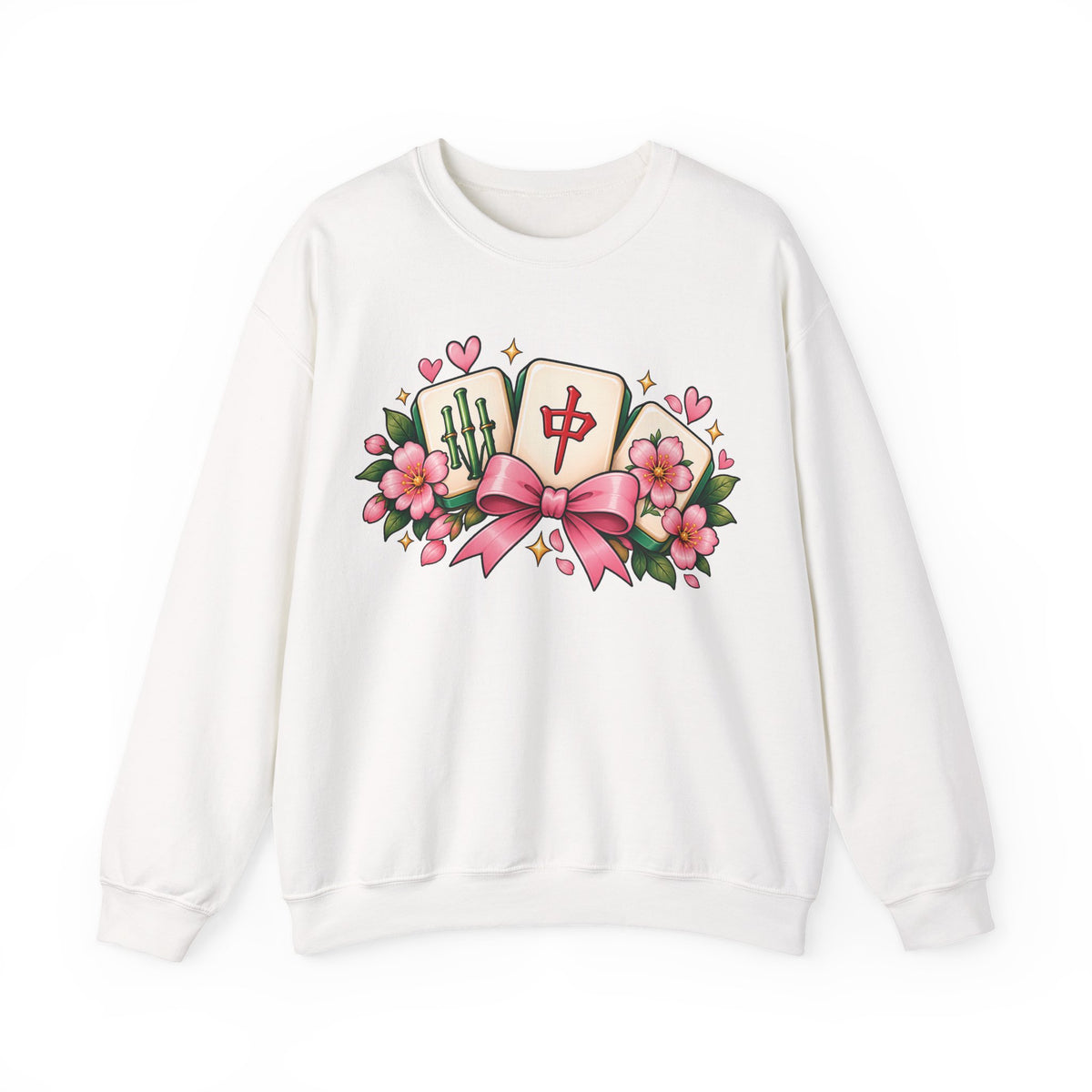 Coquette Mahjong Bow & Cherry Blossom Gildan Sweatshirt — Cute Girly Mahjong Gift