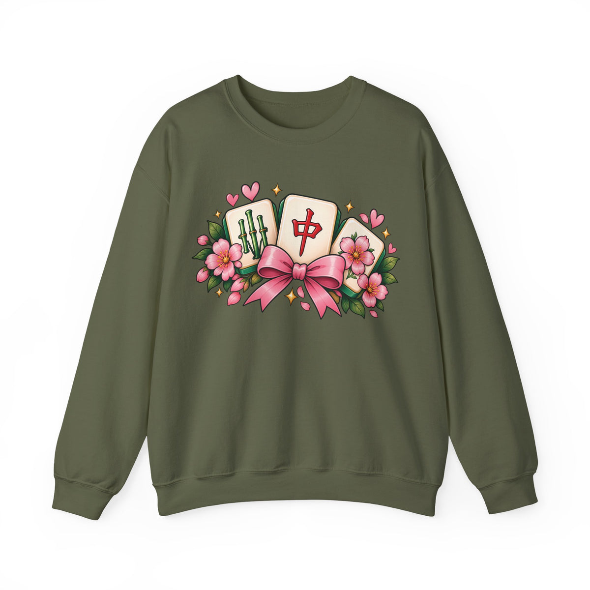 Coquette Mahjong Bow & Cherry Blossom Gildan Sweatshirt — Cute Girly Mahjong Gift