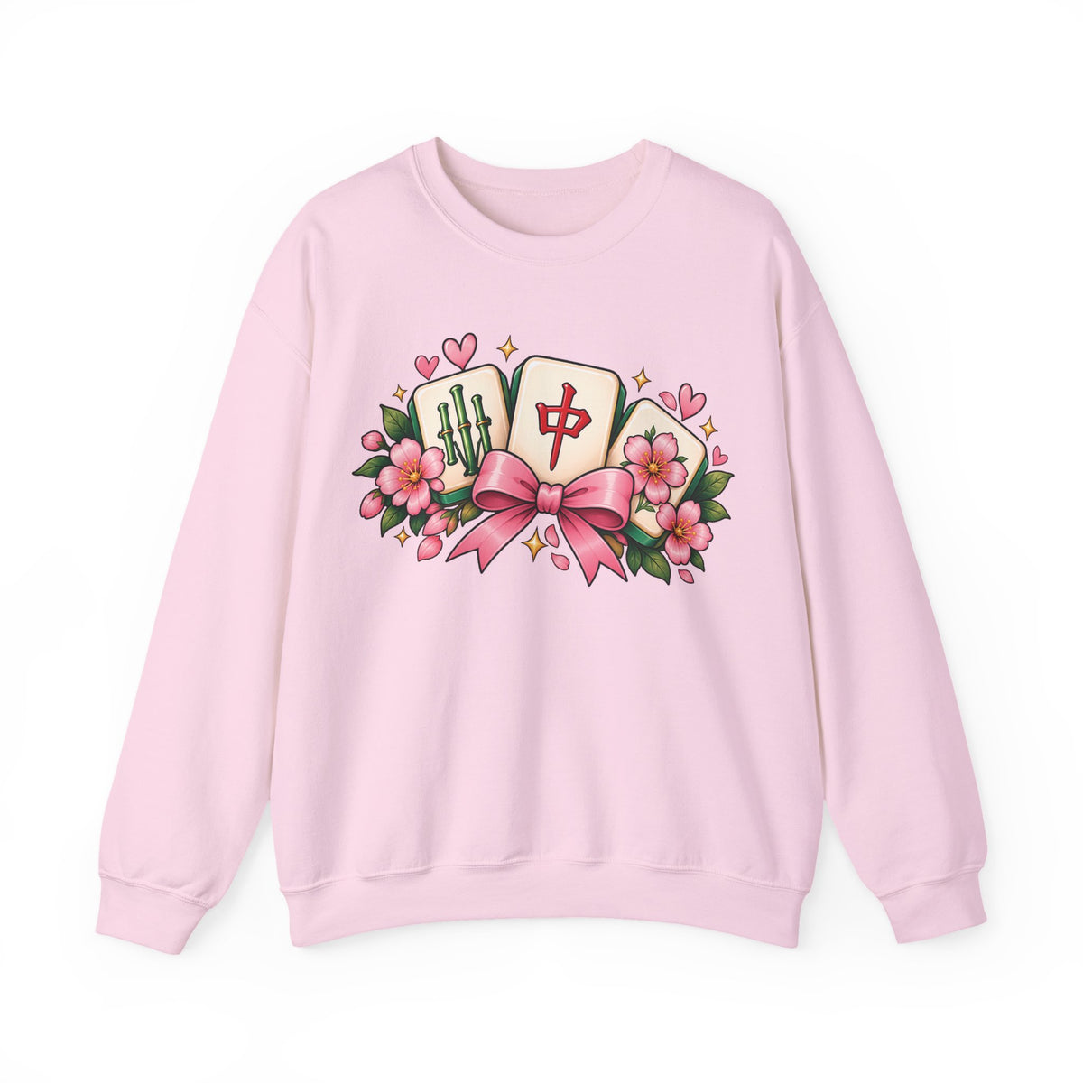 Coquette Mahjong Bow & Cherry Blossom Gildan Sweatshirt — Cute Girly Mahjong Gift